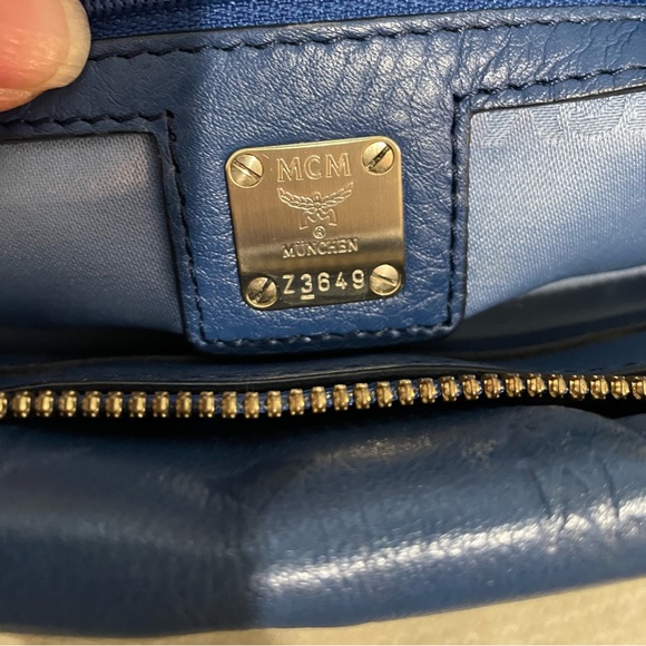 MCM Embossed Blue Leather Bag with original crossbody strap